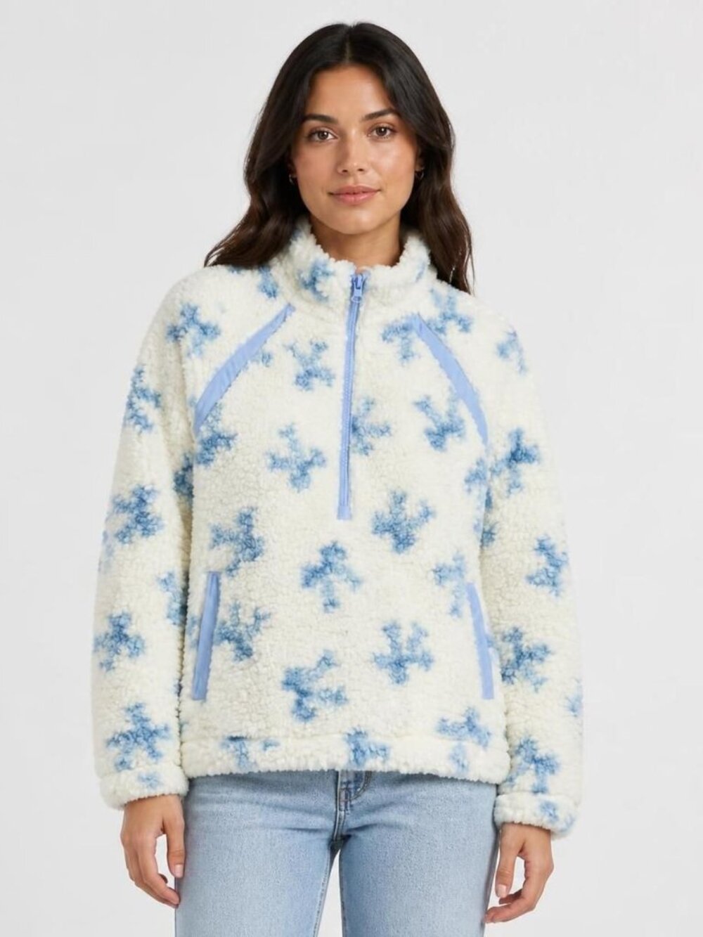 Hippie Rose Cozy Sherpa Jacket – Women’s Medium | White & Blue Fleece 3/4 Zip